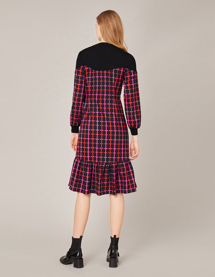 MARYLING Contrast Knit Spliced Checked Print Ruffle Dress