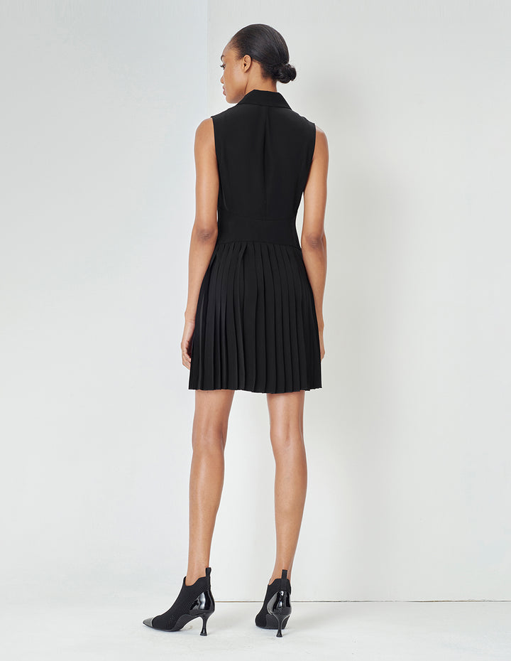 MARYLING Black Sleeveless Blazer Collar Pleated Dress