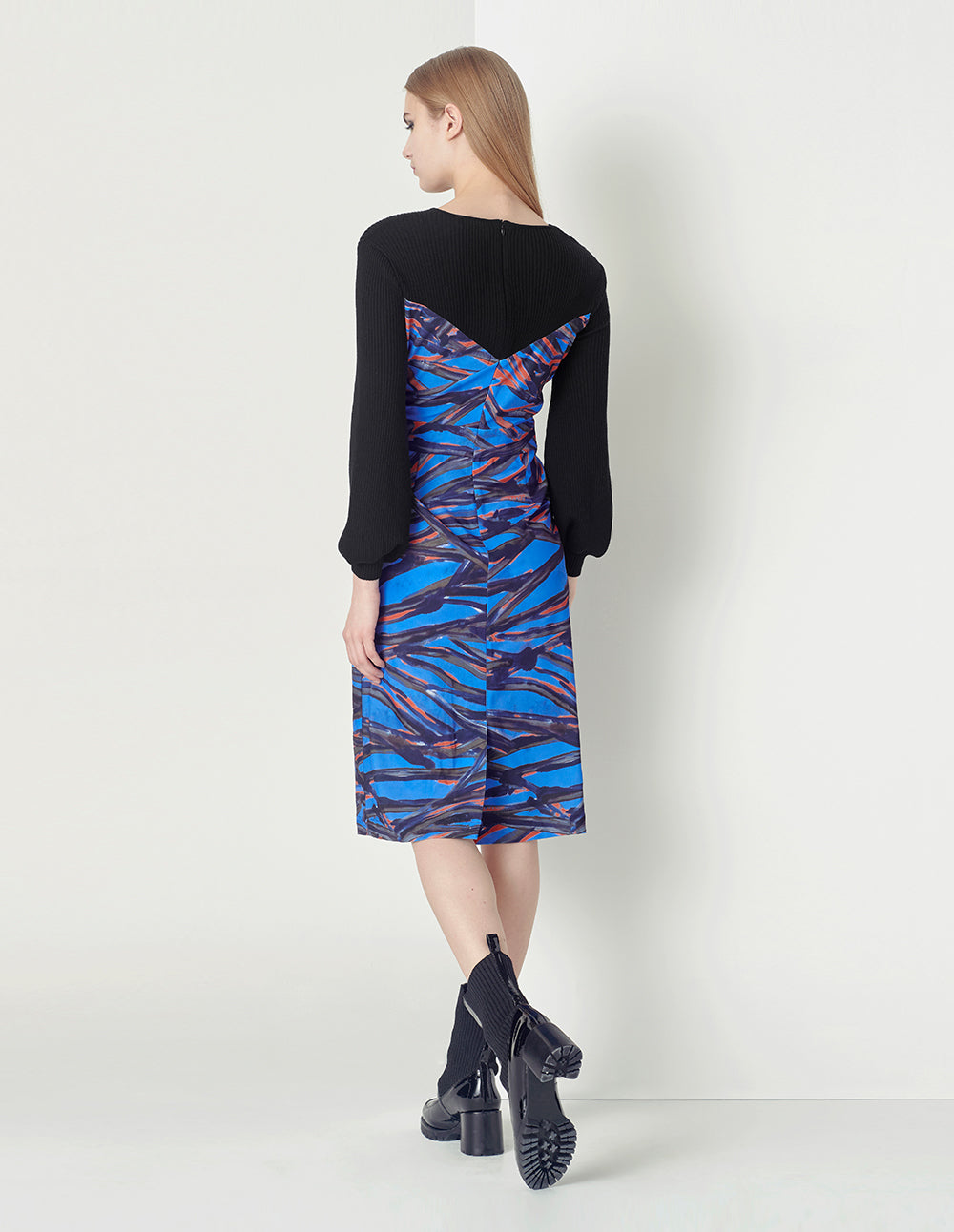 MARYLING Blue Elegant Print V-Neck Knit Dress