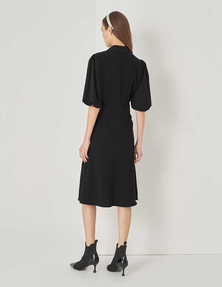 MARYLING Black Fake Two-Piece Shirt V-Neck Puff Sleeve Dress