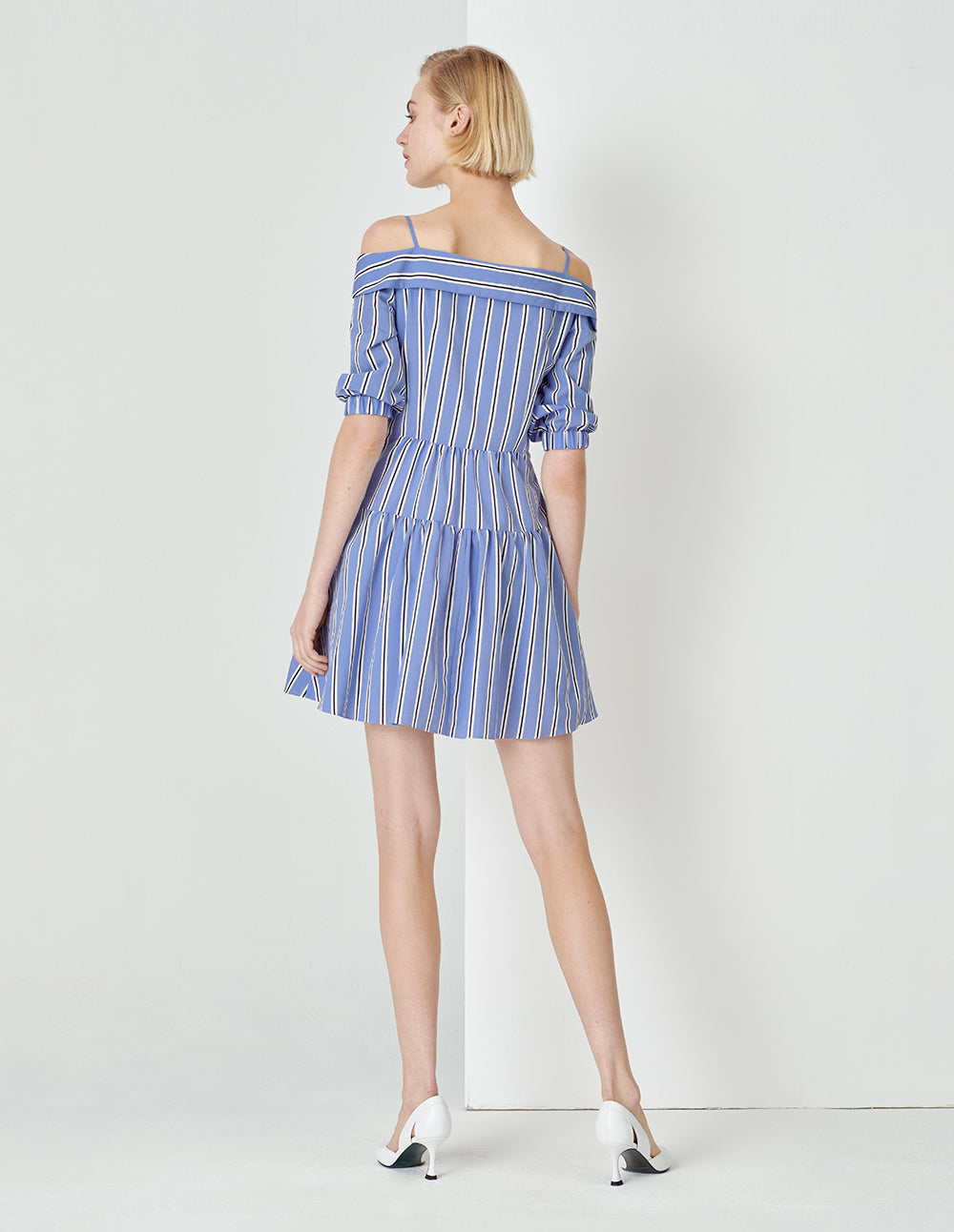 MARYLING Blue And White Striped Off-Shoulder Lapel Detail Striped Dress