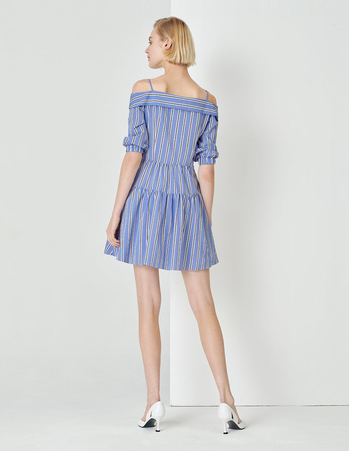 MARYLING Blue And White Striped Off-Shoulder Lapel Detail Striped Dress