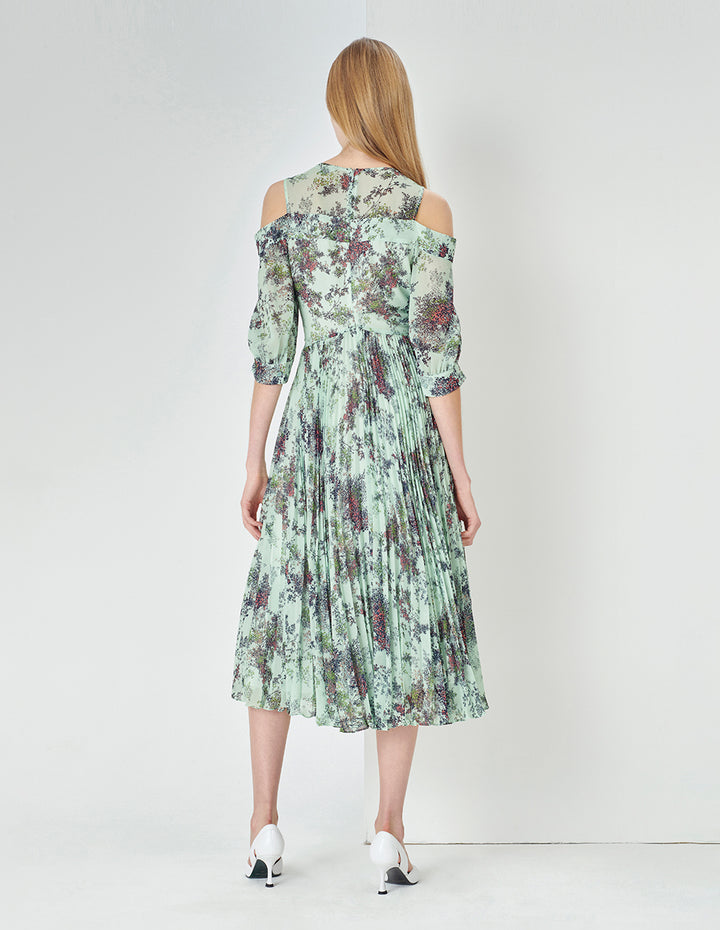 MARYLING Light Green Summer Jungle V-Neck Crossed Pleated Off-Shoulder Printed Dress