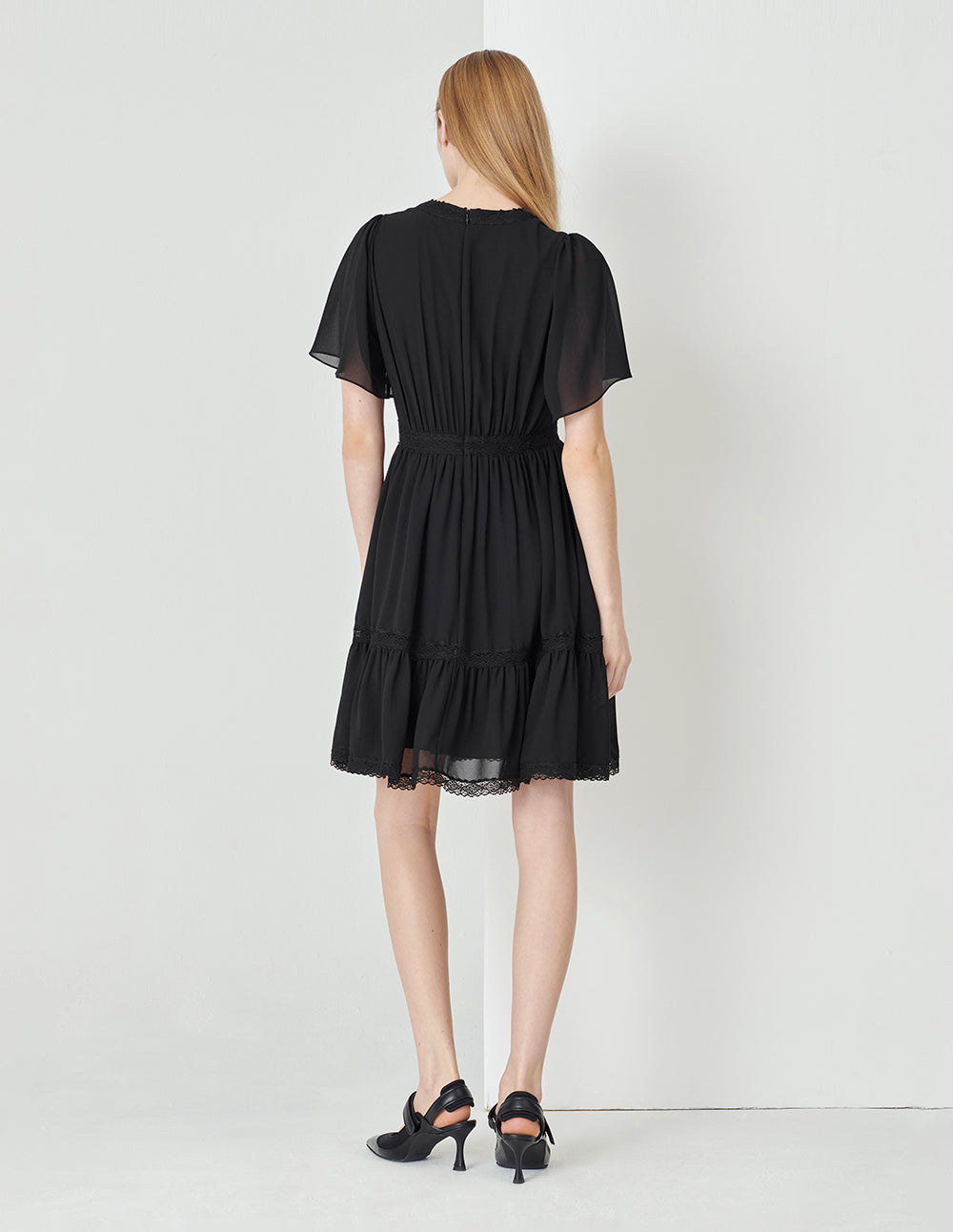 MARYLING Black V-Neck Bell Sleeve Lace Trim Georgette Dress