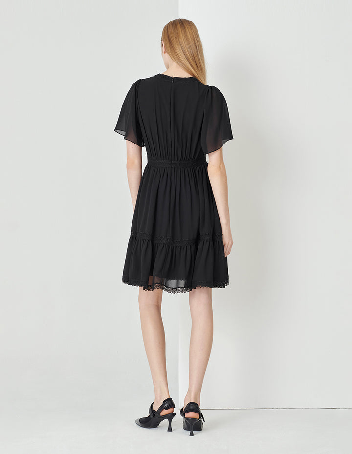 MARYLING Black V-Neck Bell Sleeve Lace Trim Georgette Dress