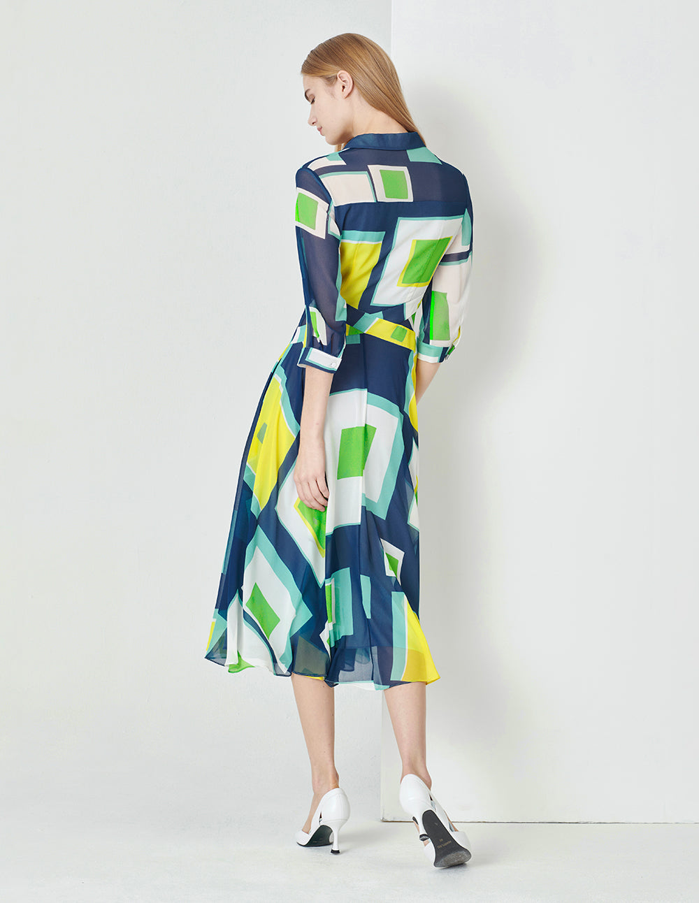 MARYLING Colourful Holiday Puzzle Art Plaid V-Neck Big Swing Georgette Dress