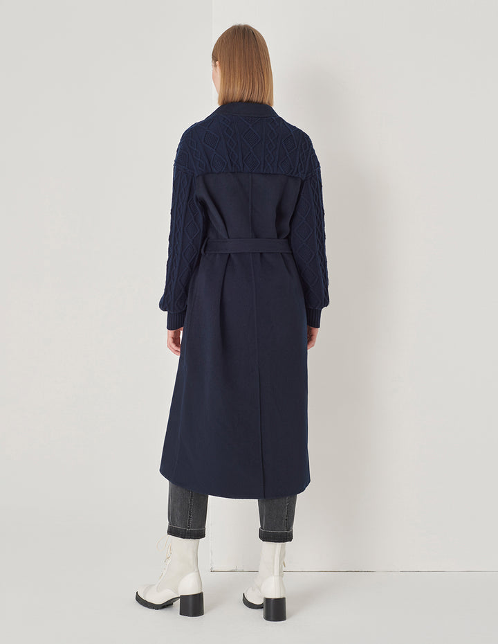 MARYLING Dark Blue Double-Sided Wool And Knitted Long Coat