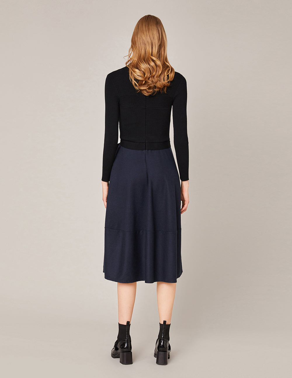 MARYLING Rib-Knit Spliced Pleated Midi Dress