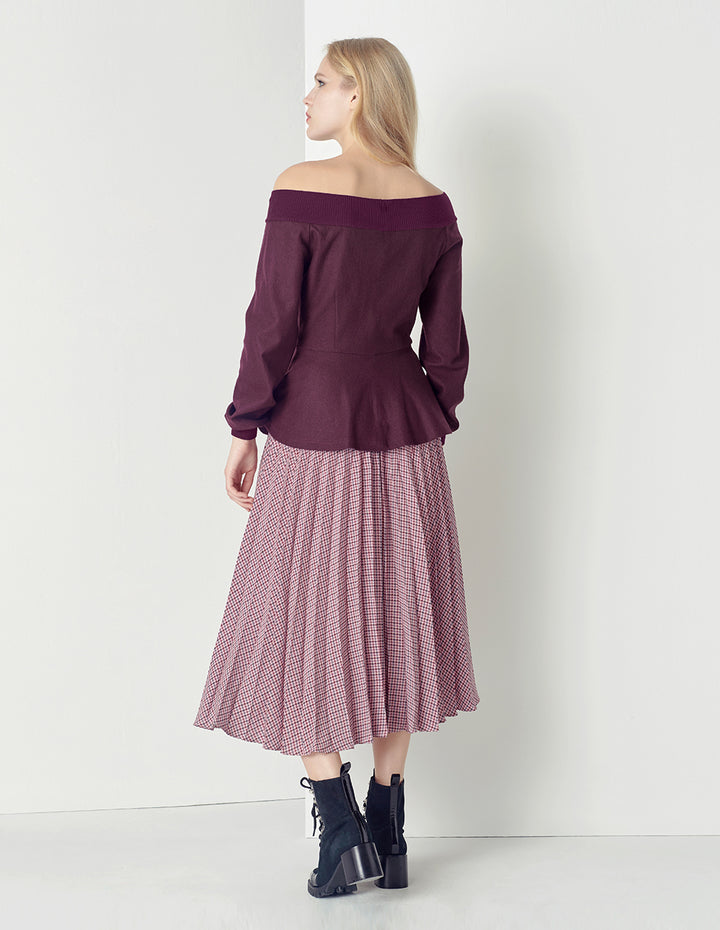 MARYLING Wine red off-shoulder sexy wool knitted top