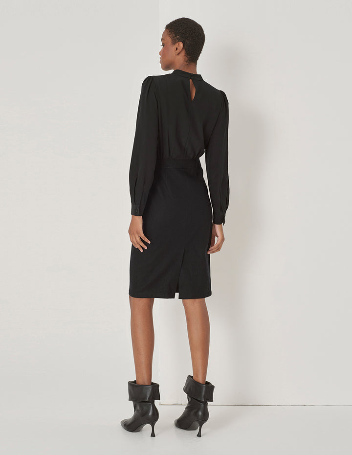 MARYLING Black Wool Silk Panel Dress