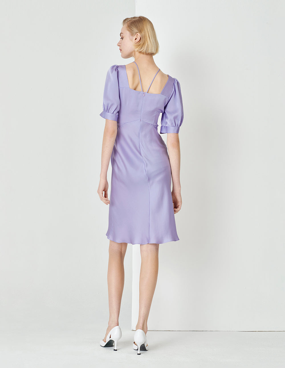 MARYLING Taro Purple Small Shoulder Strap Shirred Short-Sleeved Dress