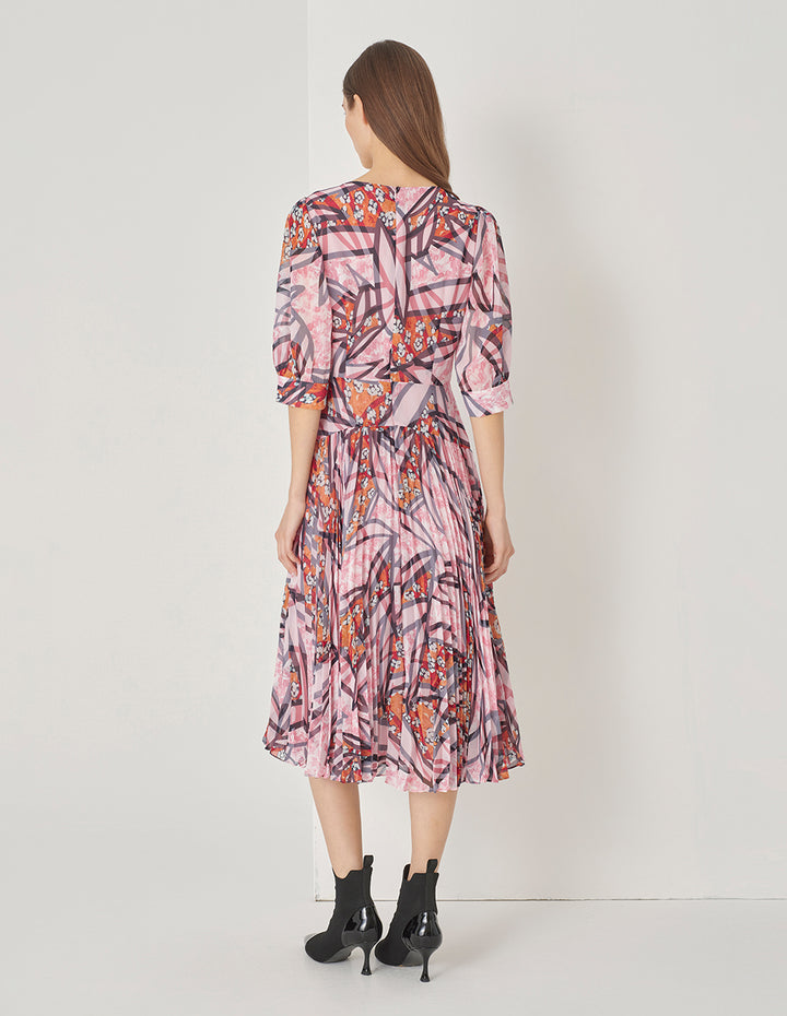 MARYLING Peach Blossom Square V Neck Cross Pleated Print Dress