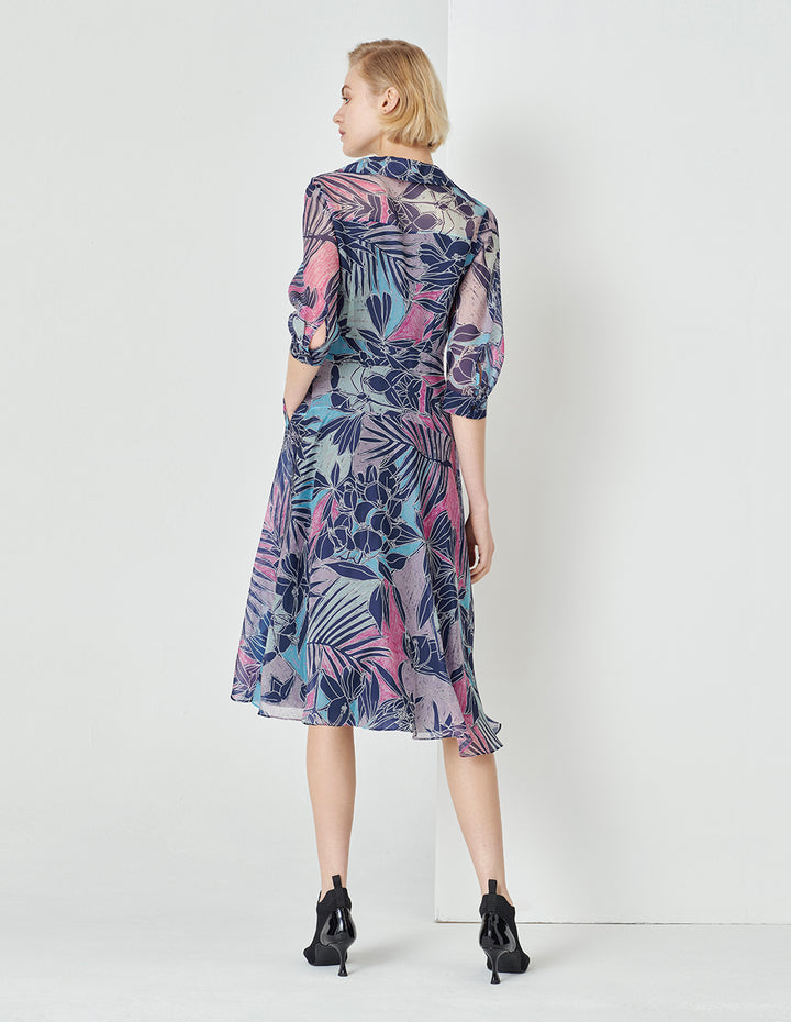 MARYLING V-Neck Shirt-Style Organza Printed Dress