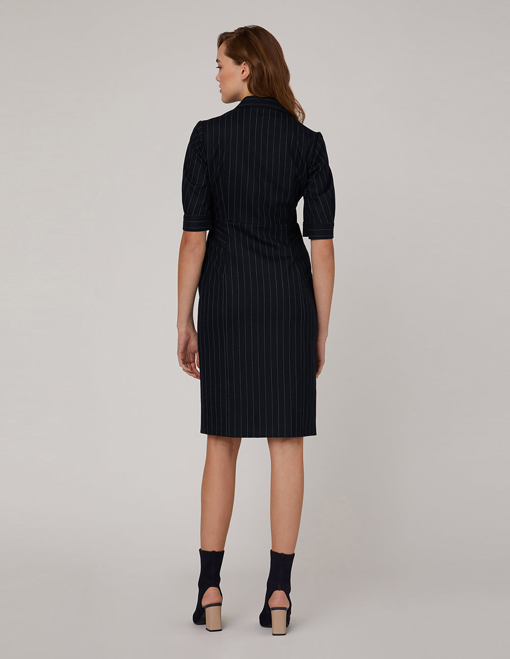 MARYLING Peak Lapel Three-Quarter Sleeve Stripe Dress
