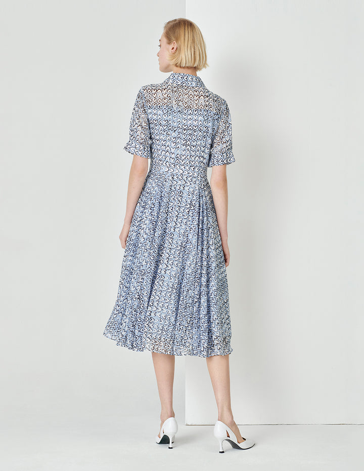 MARYLING Blue Heart Print Tie Bow Shirt Dress