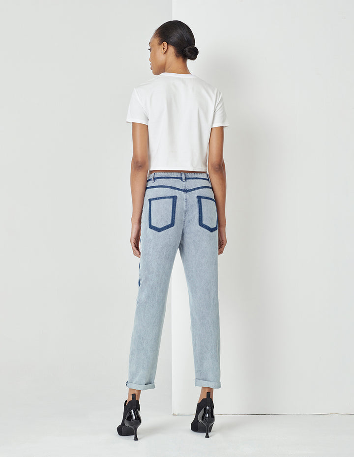 MARYLING Contrast Striped Denim Cropped Pencil Pants