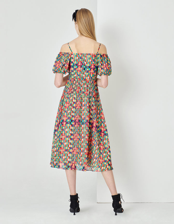 MARYLING Colourful Checkered Bubble Sleeve Printed Dress