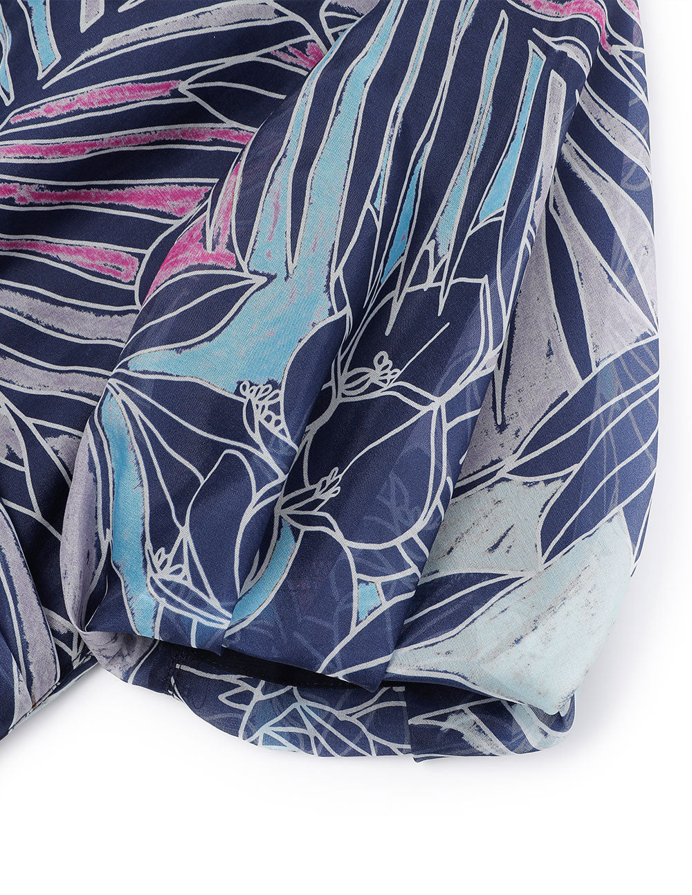 MARYLING V-Neck Semi-Transparent Puff Sleeves Pleated Print Flower Dress