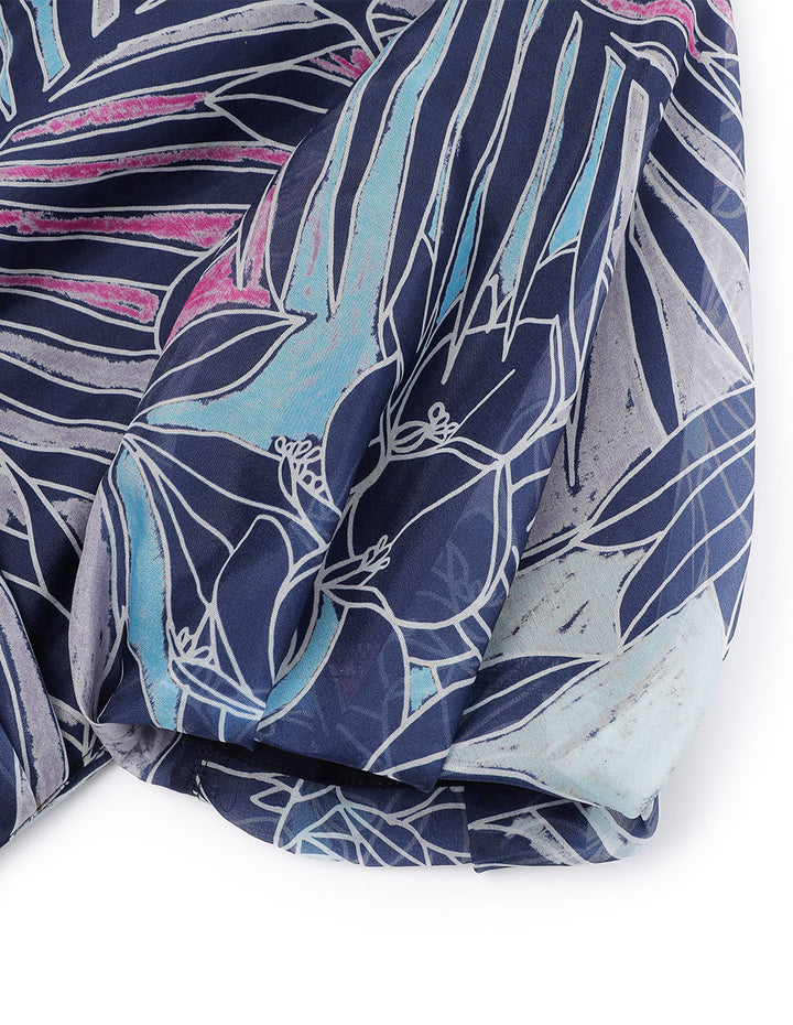 MARYLING V-Neck Semi-Transparent Puff Sleeves Pleated Print Flower Dress