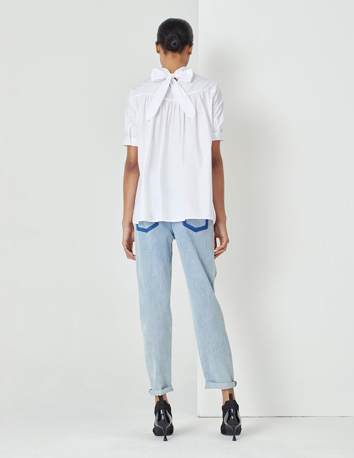 MARYLING White Back Collar Design H-Shaped Short-Sleeved Shirt