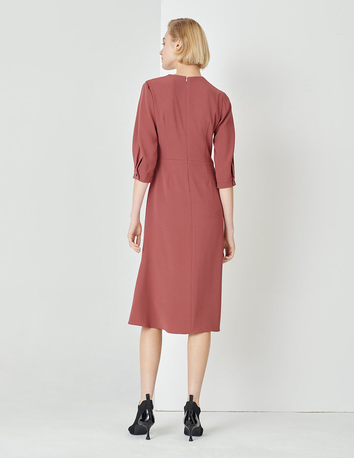 MARYLING Red V-Neck Pleated Waist Knee Mermaid Dress