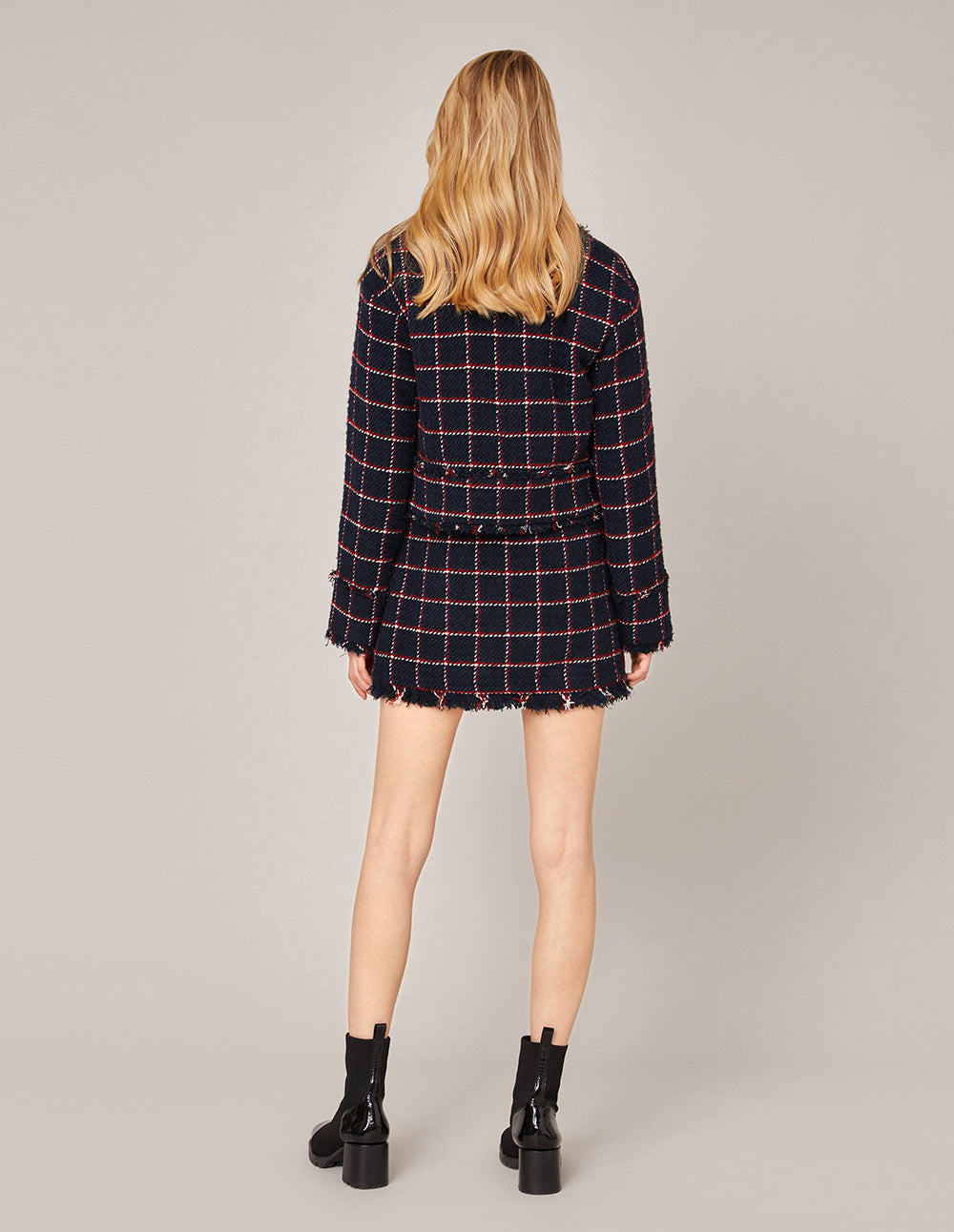 MARYLING Plaid Tweed Fringe Hem A-Line Mini Skirt