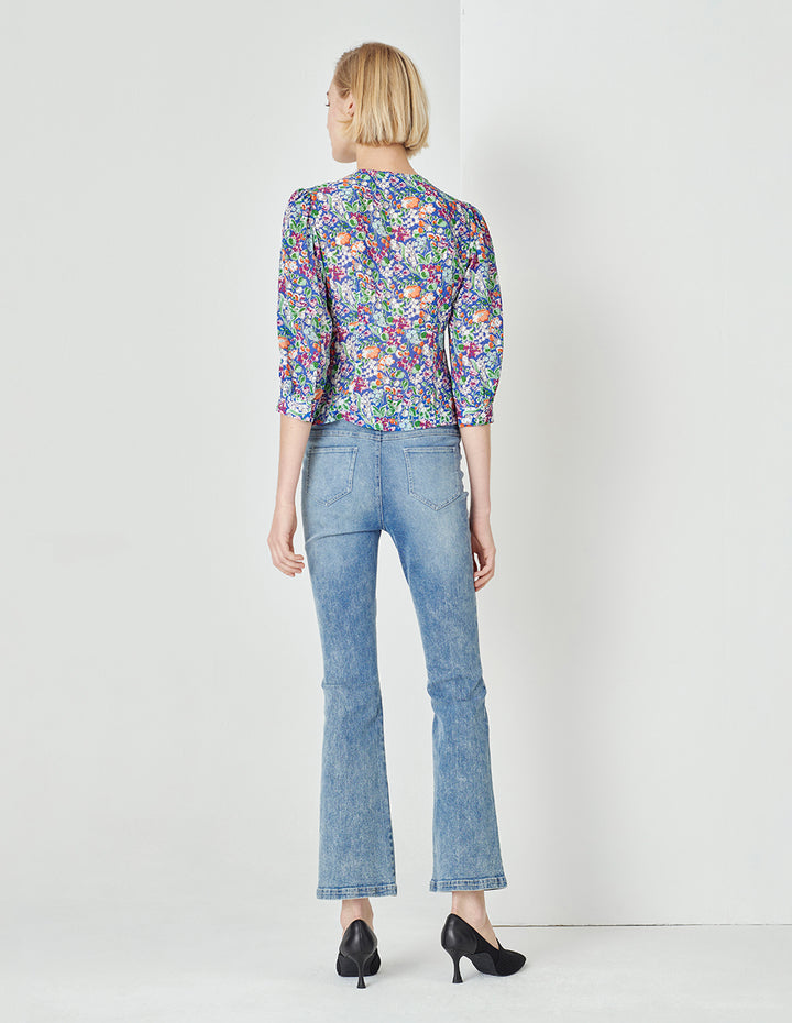 MARYLING Colourful underwater garden V-neck long-sleeved silk top