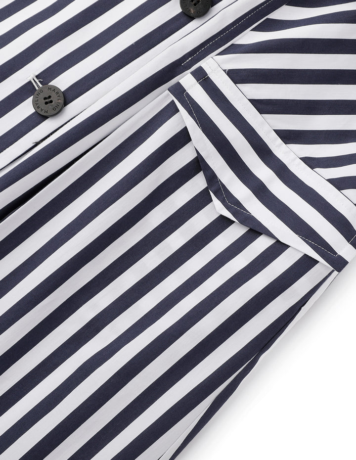 MARYLING Blue And White Striped Lapel Belted Striped Dress