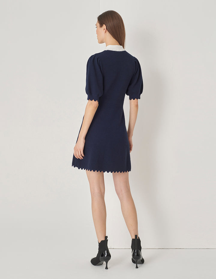MARYLING Blue And White Paneled Wavy Trim Wool Dress