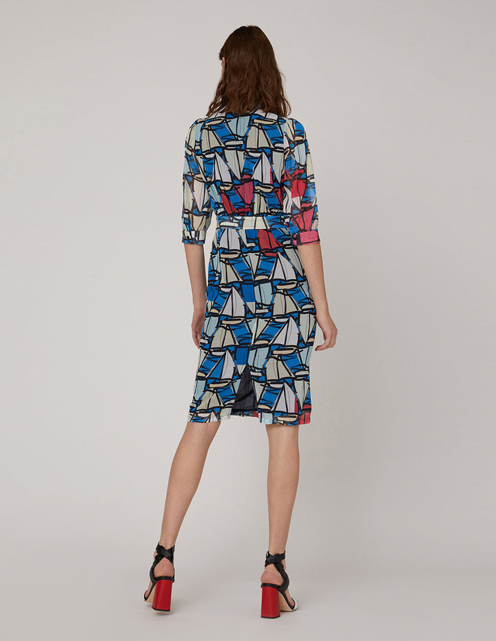 MARYLING Boat Georgette Print Bow Neck Dress