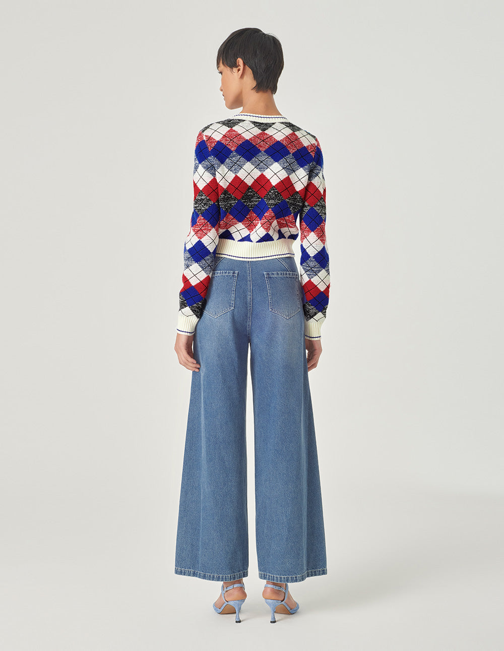 MARYLING Diamond Check Round Neck Knitted Cardigan