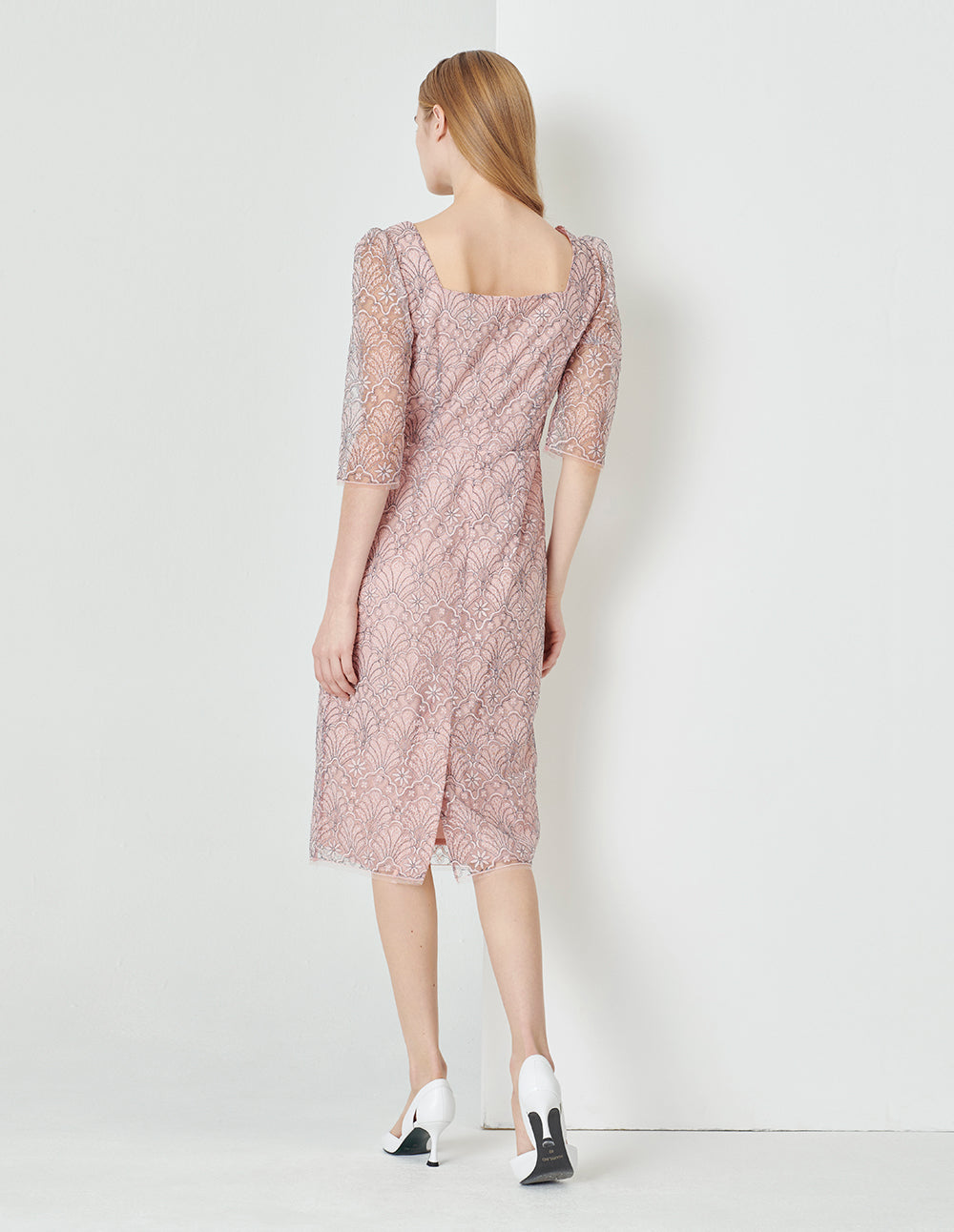 MARYLING Pink Heart-Neck Waist Hip Up Lace Dress