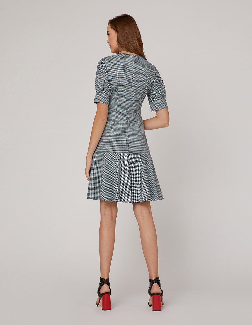 MARYLING Blue white square collar waist A swing houndstooth dress