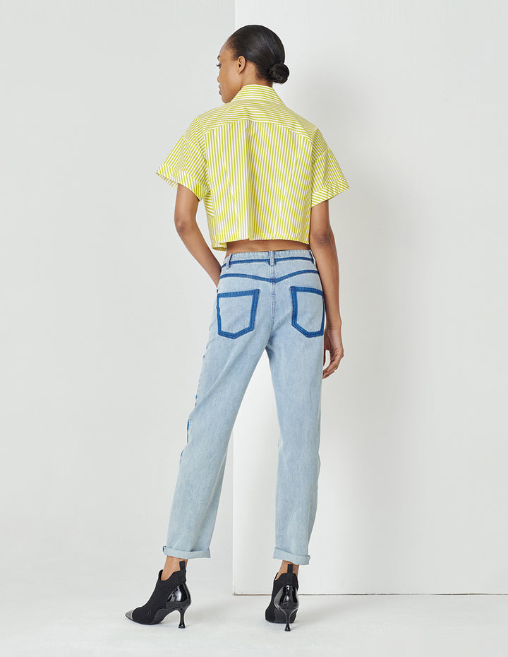 MARYLING Yellow And White Striped Lapel Blouse