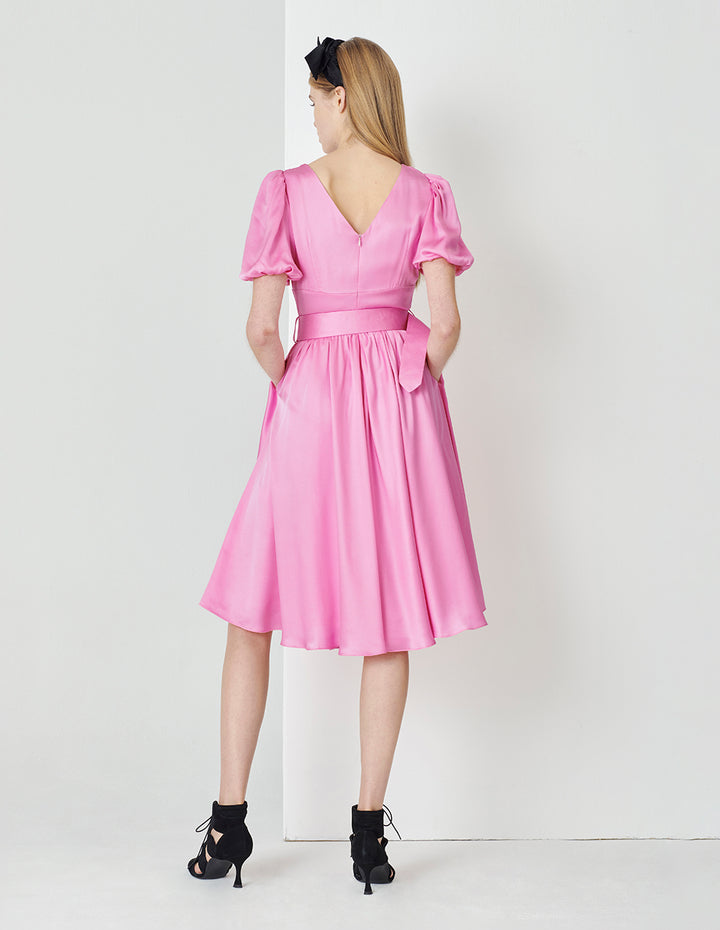 MARYLING Peach Pink Square Neck Bubble Sleeve Belted Dress