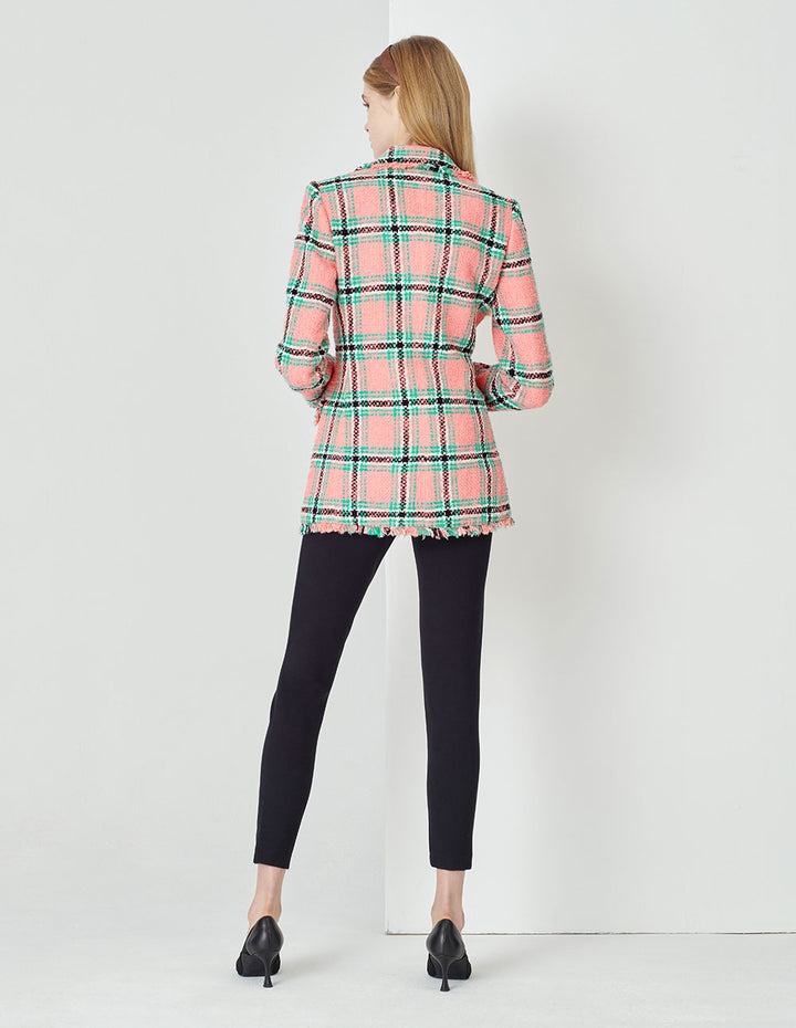 MARYLING Lapel Collar Pink And Green Plaid Double-Breasted Retro Blazer