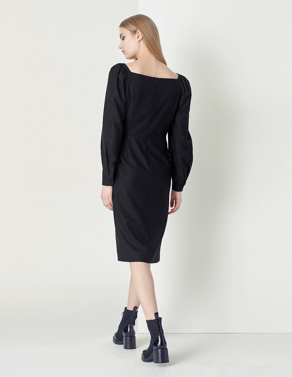 MARYLING Classic and elegant black slit wool wrap hip dress