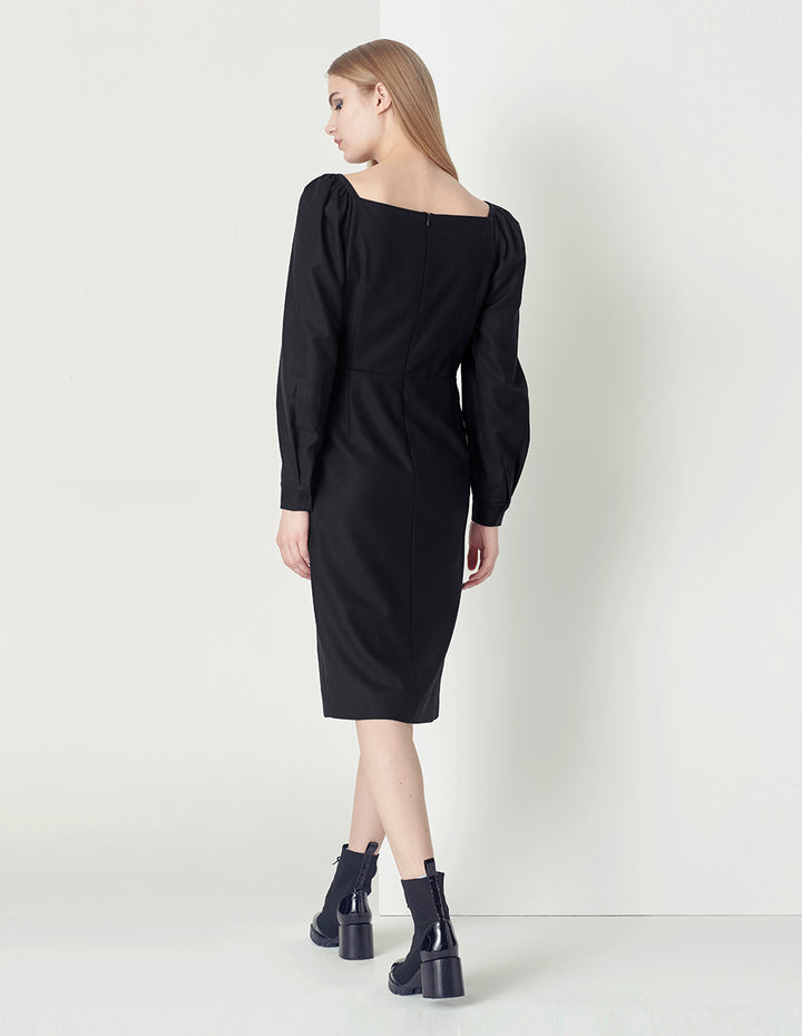 MARYLING Classic and elegant black slit wool wrap hip dress