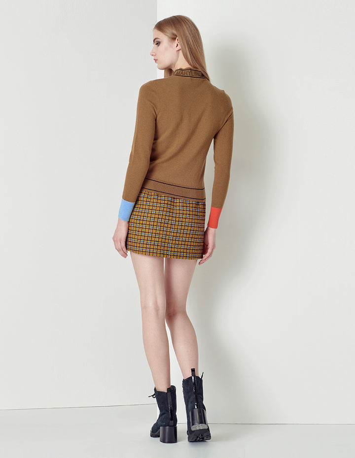 MARYLING Blue camel plaid wearing rope mini small A skirt