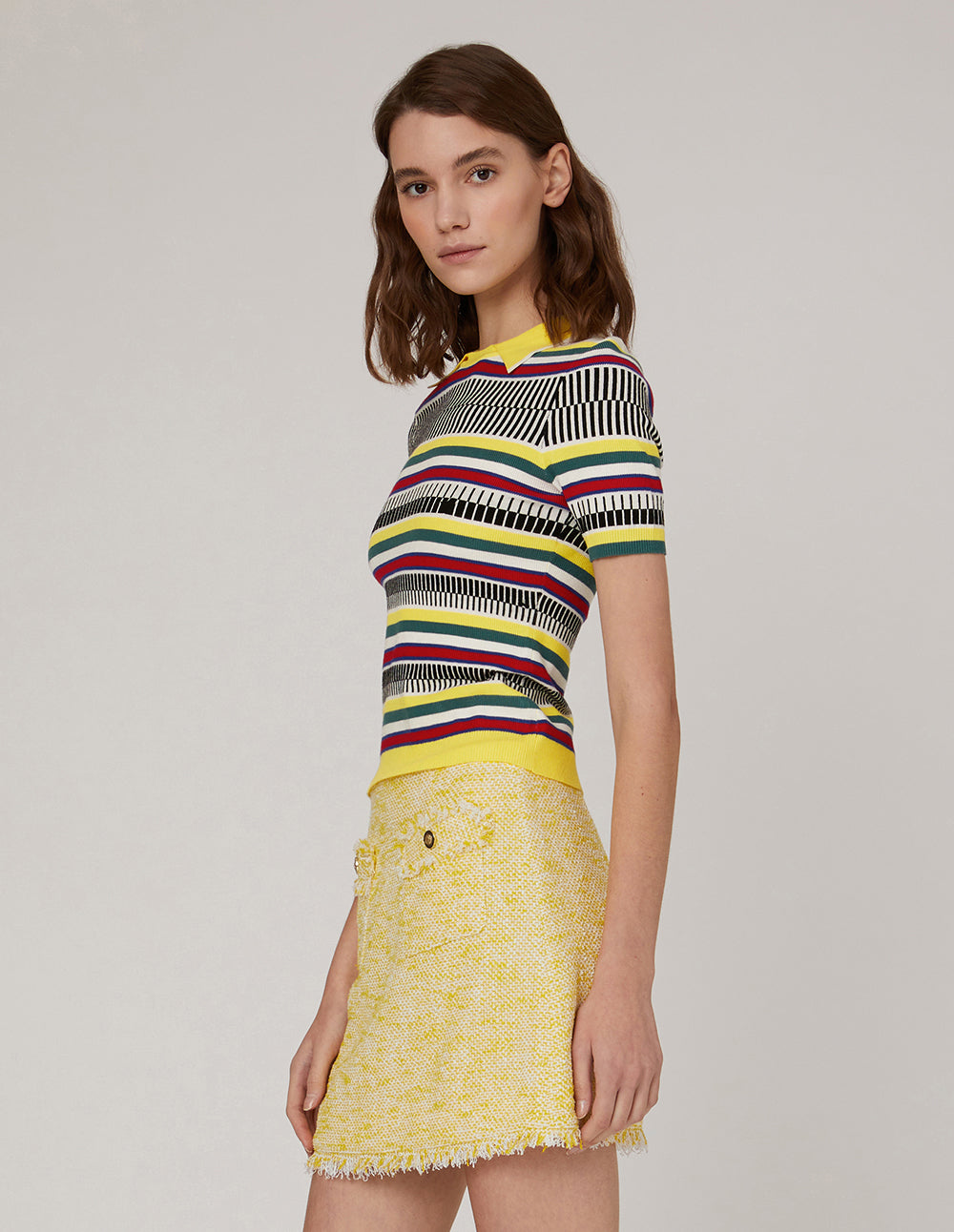 MARYLING Point Collar Striped Knitted Top