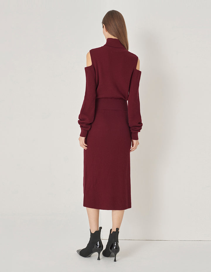 MARYLING Burgundy Red Turtleneck Off-The-Shoulder Long-Sleeve Knitted Dress
