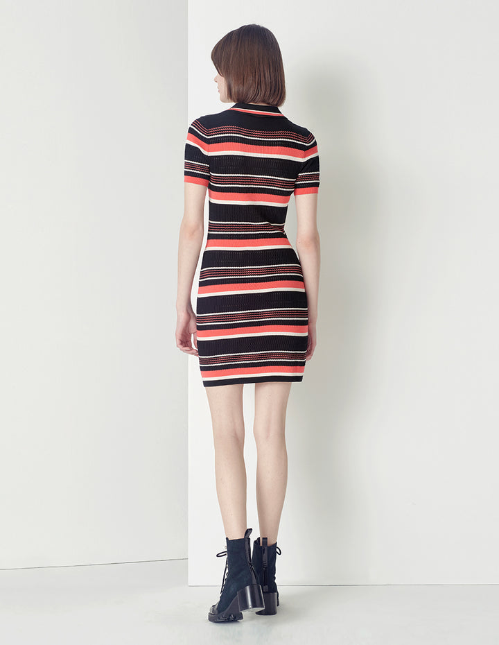 MARYLING Point Neck Short Sleeve Color Striped Dress