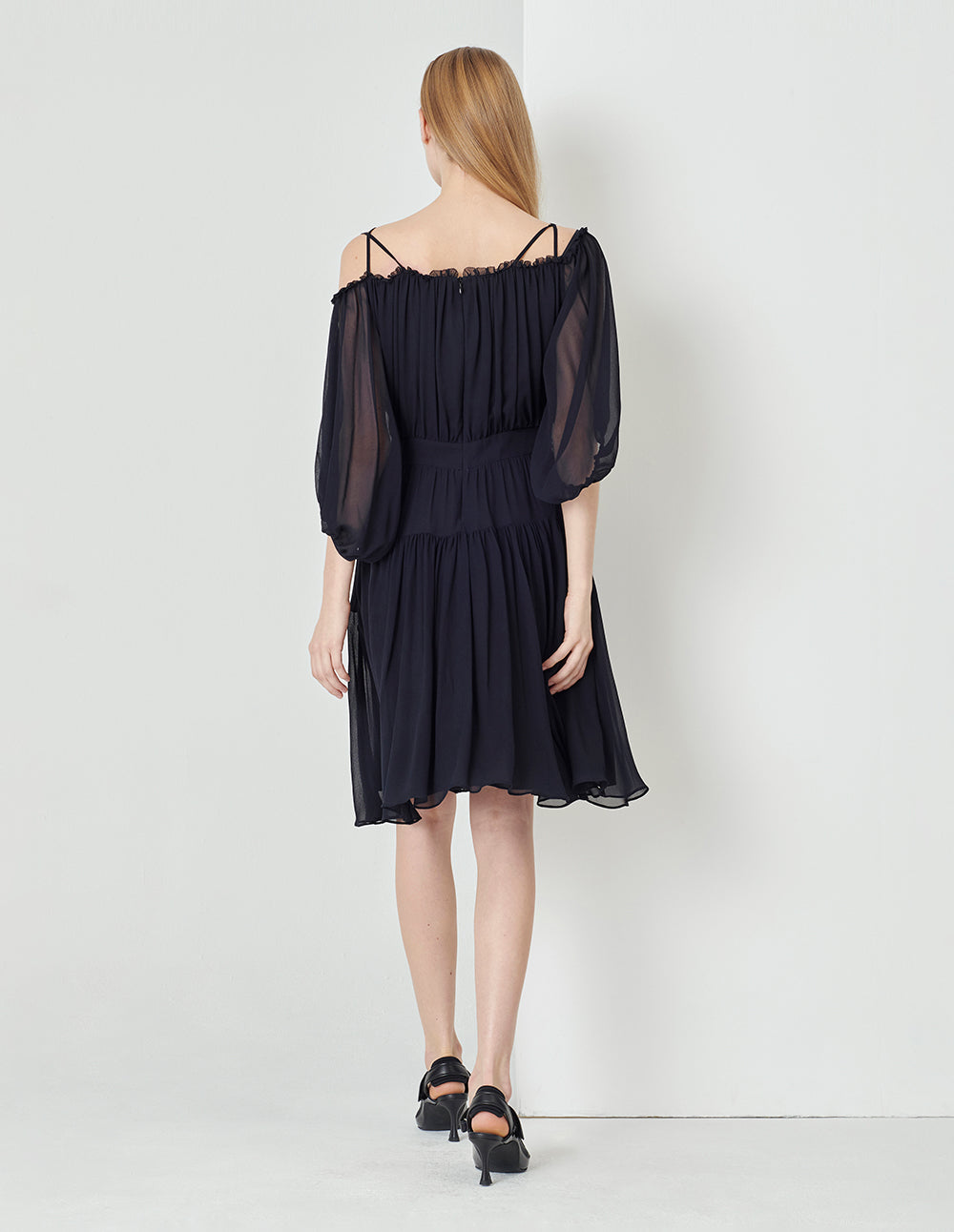 MARYLING Dark Blue One Shoulder Puff Sleeve Georgette Dress
