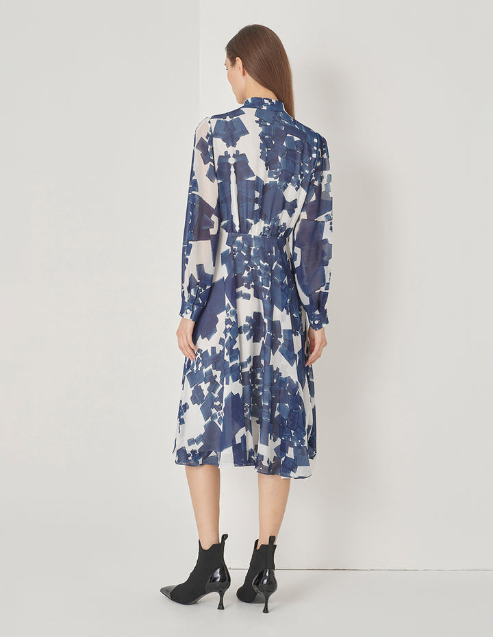 MARYLING Blue And White Grit Collar Blue Plaid Georgette Dress