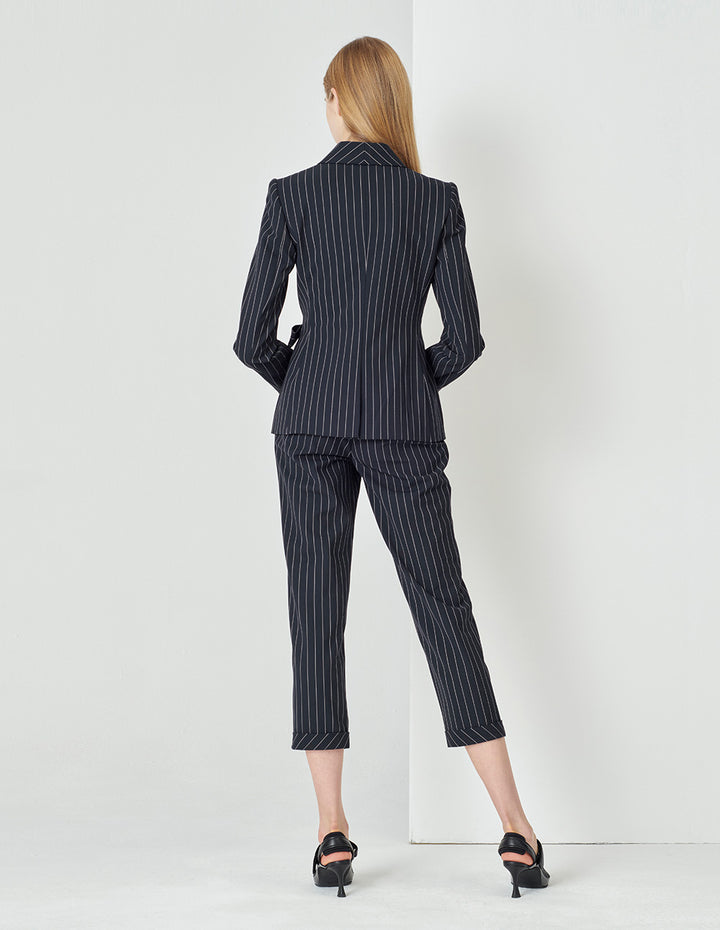 MARYLING  Blue Bottom White Striped Lapel Wrap Detail Striped Suit Jacket