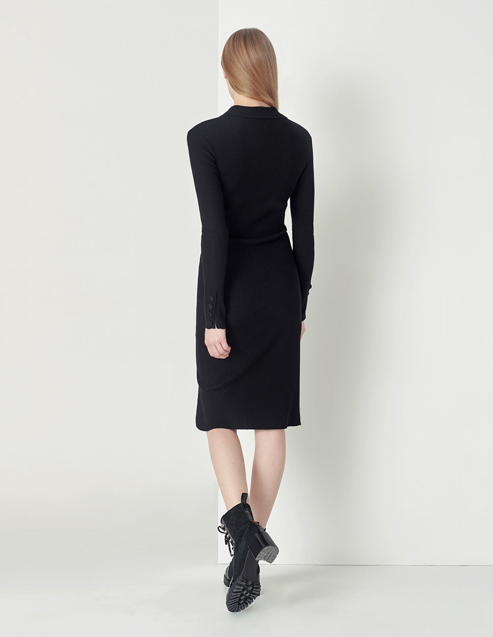 MARYLING black all-match slim V-neck knitted dress
