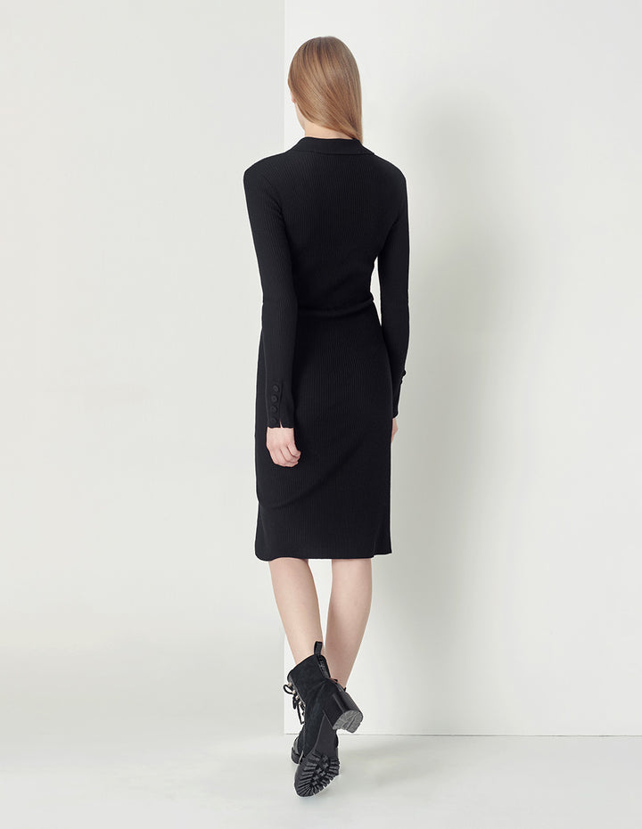 MARYLING black all-match slim V-neck knitted dress