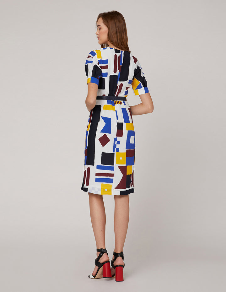 MARYLING V-neck crisscross pleated color block silk dress