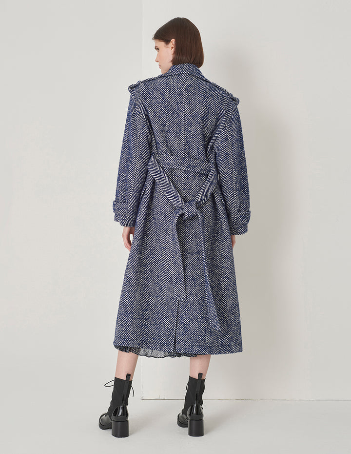 MARYLING Blue And White Patterned Lapel Double-Breasted Coat