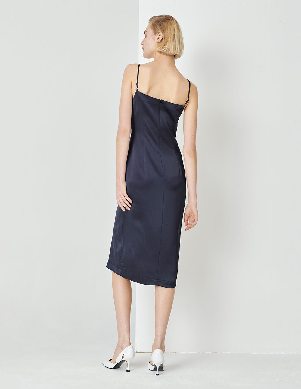 MARYLING Dark Blue Pleated Slit Straight Slip Dress